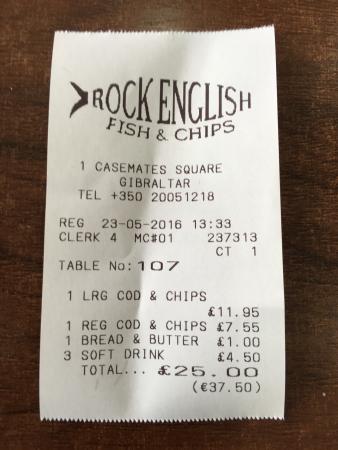 Restaurant receipt from Rock English Fish & Chips, Gibraltar